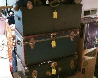 WWII wood military trunk, metal trunks and home made wood trunk along with some Boyd's Bears