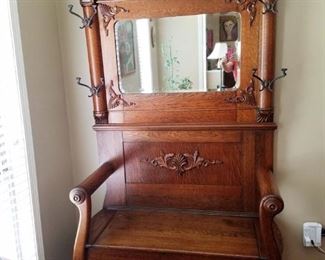 Antique Oak Hall tree with mirror, bench  from Rome Georgia