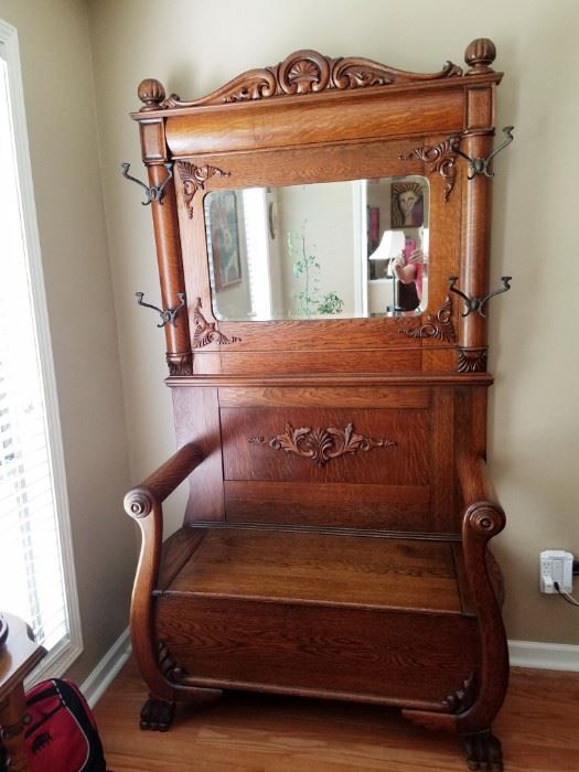 Antique Oak Hall tree with mirror, bench  from Rome Georgia