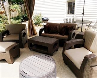 Outdoor sofa, two chairs, ottoman coffee table