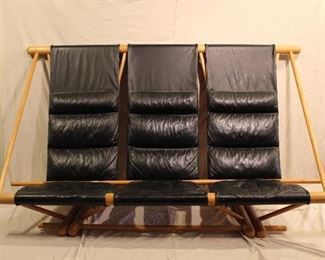 Mid Century leather sling sofa with maple frame