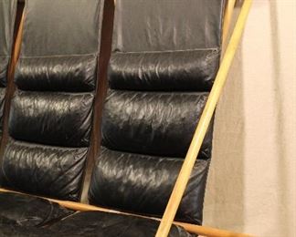 Mid Century leather sling sofa with maple frame