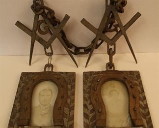 Antique folk art Freemason hanging picture frames with carved wood chain