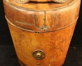 Antique English leather top hat box w/ old travel labels