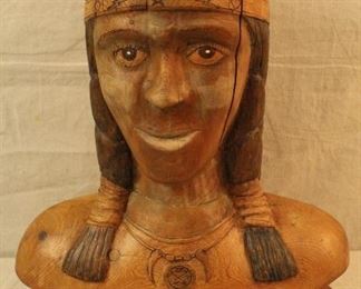 Large vintage folk art carved wood bust of a Native American