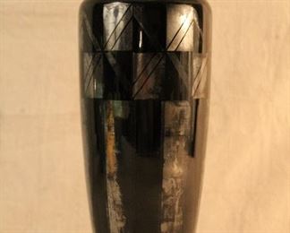 Art deco Czechoslovakia silver overlay black glass tall vase