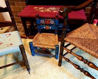 pair antique rush seat ladder back chairs