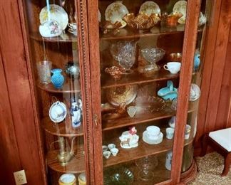 #47 - Antique Tiger Oak Curved Glass China Cabinet