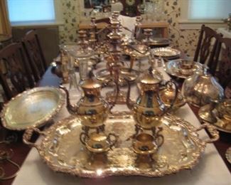 Silver plated tea set, footed tray