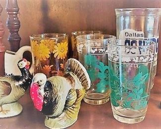 Vintage juice glasses and other collectibles. 
