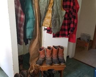 vintage down puff jackets, vest, vintage red and black plaid wool shirt