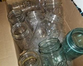 canning jars galore, blues and clear, clamp lid and ring lids