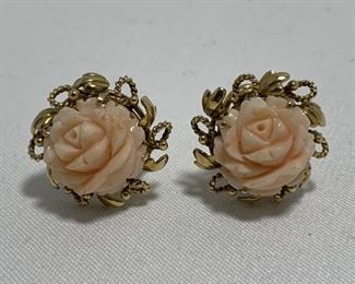 14K GOLD AND CARVED CORAL ROSE EARRINGS