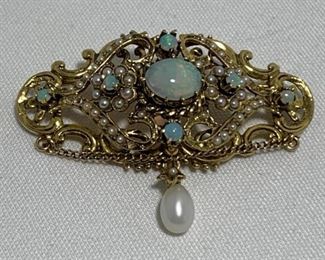 14k VINTAGE ART BROOCH WITH OPALS AND A DROP PEARL