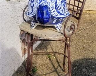 Ceramic Turtle on Iron and wood Stool