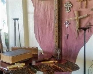 Wood Cross & Wood Slab Table with Bench