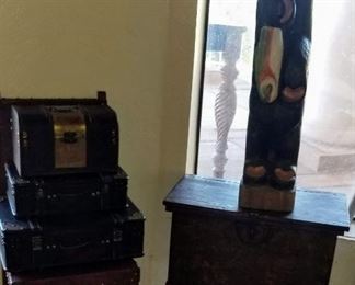 Wood Carved Bear, Wood & Leather Chair, Small Stacking Suit Cases & Rustic Wood Trunk on Metal Base