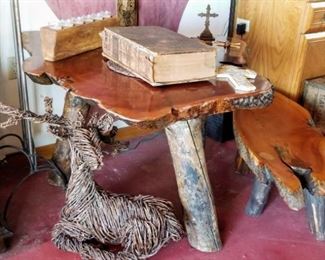 Branch Deer & Wood Slab Table with Bench