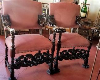 2 Beautiful large Wood Carved Chairs... If they were mine, I would change the upholstery to blue. perfect!