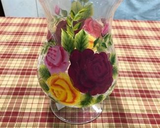"Roses" 10" Hurricane Mouth Blown, Hand Painted, Crackle Glass Vase