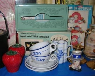 Tole Craft paint by number tissue box still in the box! Vintage kitchen wall appliques. Thick restaurant ware cups and saucers from 1930s sorority house. Uncle Sam mini jug, Pickard gold candle holders, Nippon camel vase