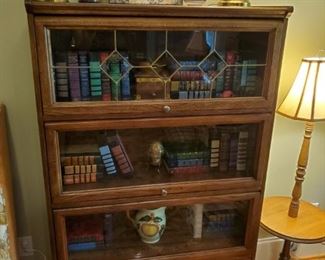 Modern oak stack book case, leaded glass top