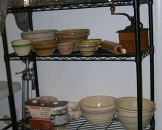 Old Dazey (and other) churns, lots of great yellow ware bowls, a coffee grinder.
