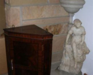 Not this blurry in person, this is an awesome old English hanging corner cabinet, and an alibaster lady lamp. She needs some TLC because boy, did she collect dust.