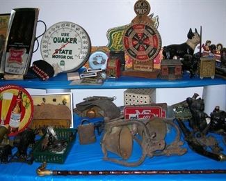 Lucky Ducky wheel game, cast iron pieces (including cow-calling bells)