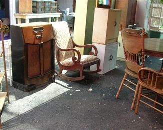 Old cabinet radio, rocking chair, antique rocking chair, pressed back oak chairs, vintage metal cabinets