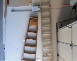 Extension ladder and wooden step ladder