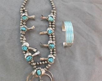 Sterling and Turquoise Squash bloom necklace, Sterling and Turquoise bracelet