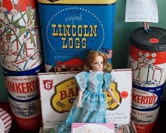 VINTAGE LINCOLN LOGS, TINKER TOYS, DOLLS