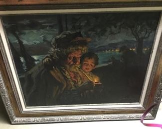 Boy Watching Man Lighting a Pipe Oil by Casal