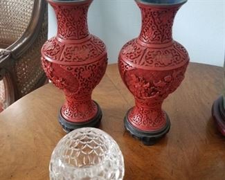 cinnabar and enamel vases