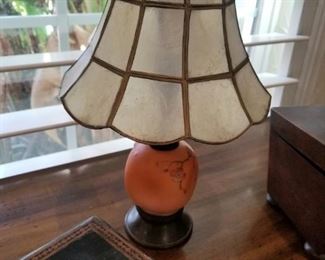 Antique satin Peachblow lamp hand painted with capiz shell shade