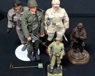 US Soldier Figurine 8.5" H, MP Figurine 8" H And 3 Military Action Figures (1 Special Forces, 1 US Army And 1 Japanese Army) Total Qty 5