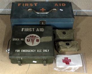 WWII US Army First Aid Kit, WWII First Aid Pouches (2), British Red Cross Armband And First Aid Kit In Metal Box
