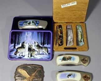 Folding Pocket Knives Featuring Wildlife Images Including Deer, Ducks, Fish, Eagles, Bears And Wolves, 3 In Wood Case, 1 In Tin And Eagle Belt Buckle