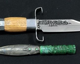 Junior Jim Bowie Knife And Double-Edged Knife With Faux Jade Tiki Handle