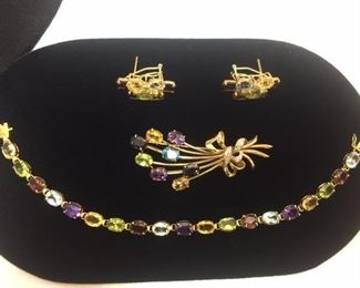 14kt Gold Gemstones 3pc Brooch Set