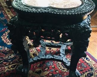 Rosewood Carved Pedestal Table with Marble Inlay