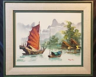 Vintage Wood Framed Asian Oil Painting by Henry Anin