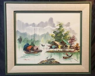 Wood Framed Asian Fishermans Village Oil Painting by Henry Anin