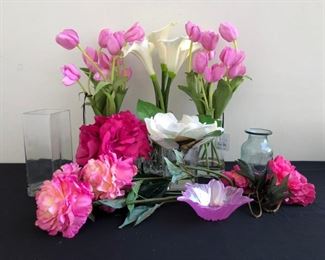 Faux Floral Arrangement w Various Vases Glass Containers mock water