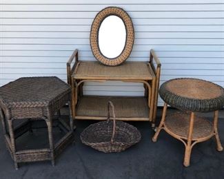 Wicker Tables, Mirror, Basket