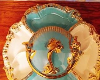 VINTAGE MAURICE OF CALIFORNIA LAZY SUSAN TEAL WHITE GOLD G8020