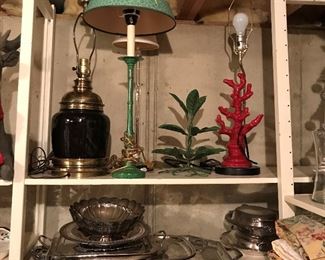A sampling of the great selection of lighting at this sale, in addition to some silverplate serving pieces.