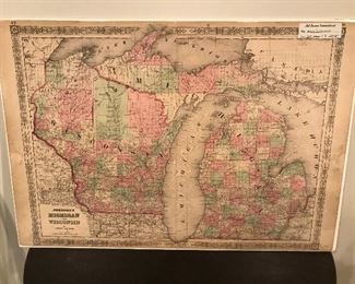 Antique colored map of Michigan and Wisconsin from Johnson's Family Atlas, mounted on a board and encased with clear protective wrap.