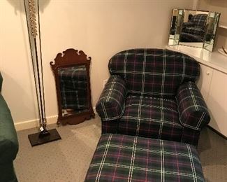 Unique floor lamp; Chippendale-style mirror with mahogany frame; nice upholstered chair with ottoman.